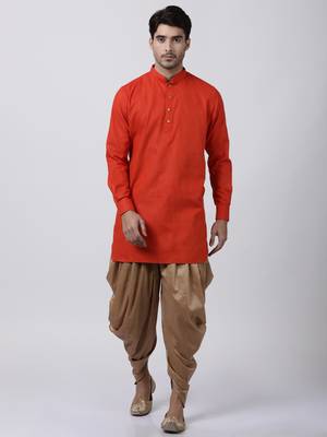 Red Plain Blended Cotton Dhoti Kurta 1