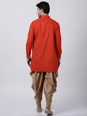 Red Plain Blended Cotton Dhoti Kurta 4
