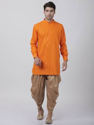 Orange Plain Blended Cotton Dhoti Kurta 1