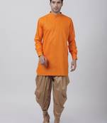 Orange Plain Blended Cotton Dhoti Kurta