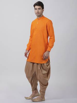 Orange Plain Blended Cotton Dhoti Kurta 2