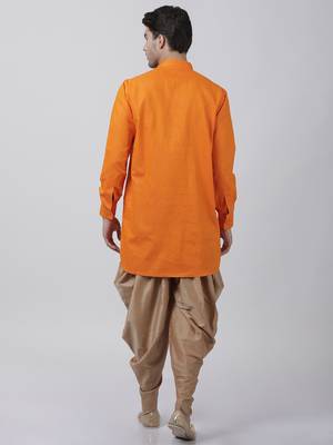 Orange Plain Blended Cotton Dhoti Kurta 4