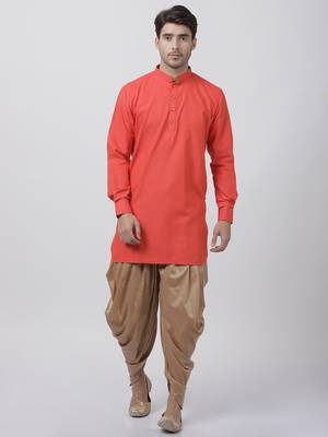 Orange Plain Blended Cotton Dhoti Kurta 1