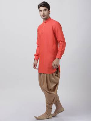 Orange Plain Blended Cotton Dhoti Kurta 2