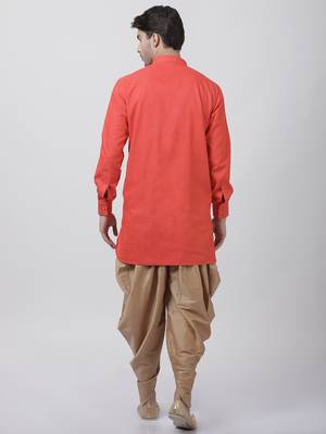 Orange Plain Blended Cotton Dhoti Kurta 4