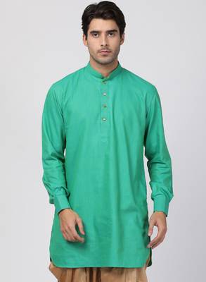 Green Plain Cotton Men Kurtas 1