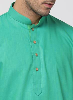 Green Plain Cotton Men Kurtas 3