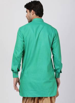 Green Plain Cotton Men Kurtas 4