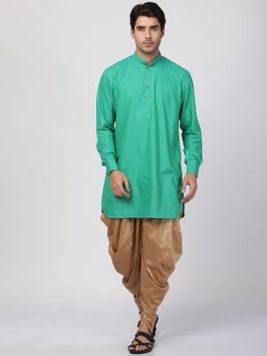Green Plain Cotton Men Kurtas 5