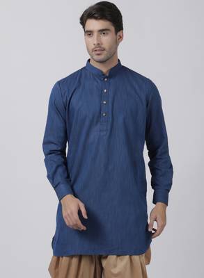 Blue Plain Cotton Men Kurtas 1