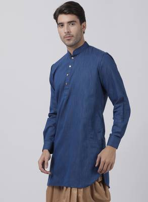 Blue Plain Cotton Men Kurtas 2