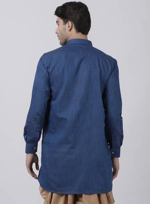 Blue Plain Cotton Men Kurtas 4