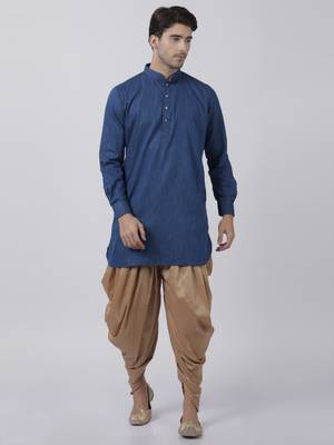 Blue Plain Cotton Men Kurtas 5