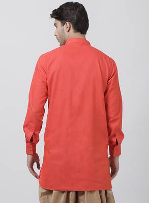 Orange Plain Cotton Men Kurtas 4