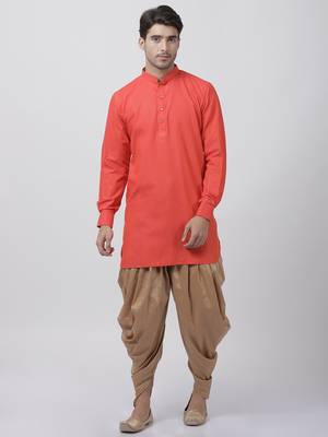 Orange Plain Cotton Men Kurtas 5