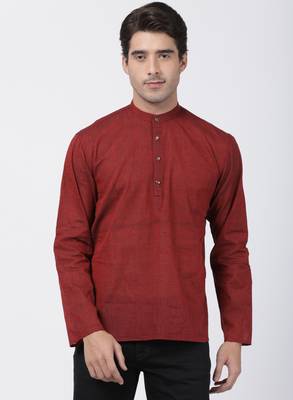 Maroon Plain Cotton Men Kurtas 1