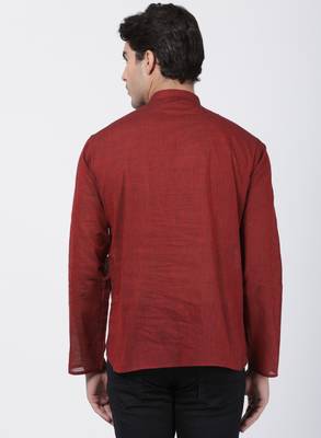 Maroon Plain Cotton Men Kurtas 4