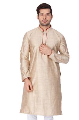 Beige Plain Cotton Men Kurtas 1