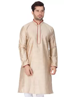 Beige Plain Cotton Men Kurtas