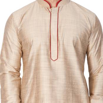 Beige Plain Cotton Men Kurtas 3