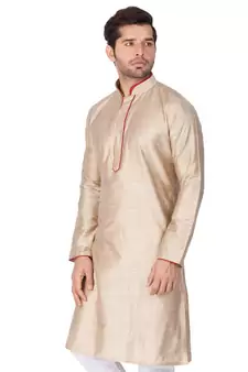 Beige Plain Cotton Men Kurtas