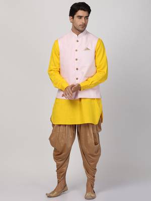 Yellow Plain Cotton Dhoti-Kurta 1