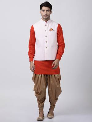 Red Plain Cotton Dhoti-Kurta 1