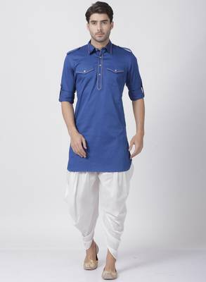 Blue Plain Cotton Pathani Suits 1