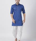 Blue Plain Cotton Pathani Suits