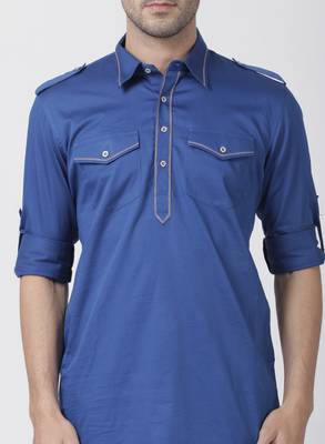 Blue Plain Cotton Pathani Suits 3