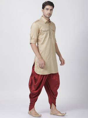 Beige Plain Cotton Pathani-Suits 2