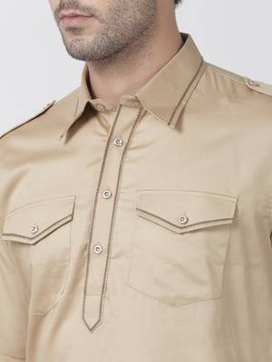 Beige Plain Cotton Pathani-Suits 3