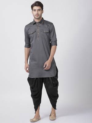 Grey Plain Cotton Pathani Suits 1