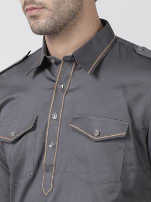 Grey Plain Cotton Pathani Suits 3