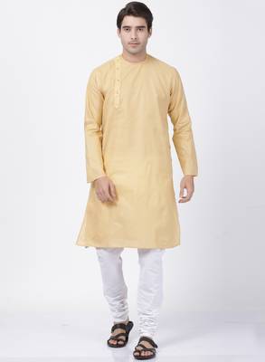 Beige Plain Cotton Kurta Pajama 1