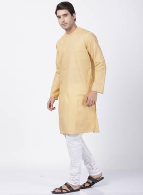 Beige Plain Cotton Kurta Pajama 2