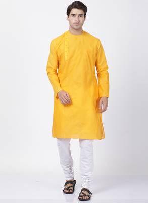 Yellow Plain Cotton Kurta Pajama 1
