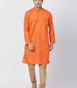 Orange Plain Blended Cotton Kurta-Pajama