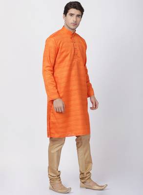 Orange Plain Blended Cotton Kurta-Pajama 2