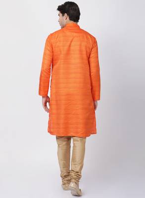 Orange Plain Blended Cotton Kurta-Pajama 4