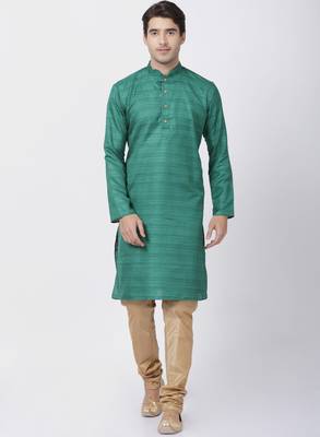 Green Plain Blended Cotton Kurta-Pajama 1