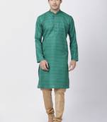 Green Plain Blended Cotton Kurta-Pajama