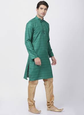 Green Plain Blended Cotton Kurta-Pajama 2