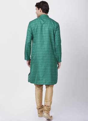 Green Plain Blended Cotton Kurta-Pajama 4