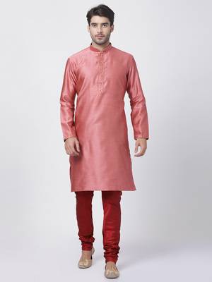 Pink Plain Cotton Blended Kurta-Pajama 1