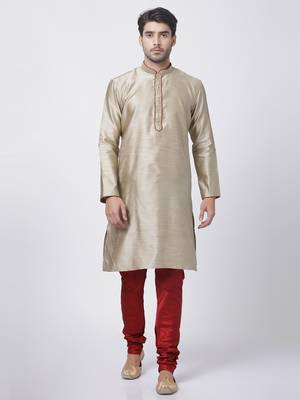 Beige Plain Blended Cotton Kurta-Pajama 1