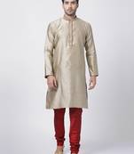 Beige Plain Blended Cotton Kurta-Pajama