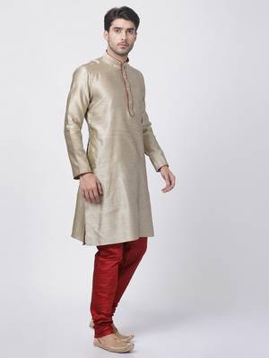 Beige Plain Blended Cotton Kurta-Pajama 2