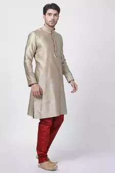 Beige Plain Blended Cotton Kurta-Pajama