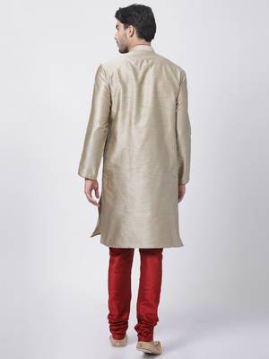 Beige Plain Blended Cotton Kurta-Pajama 4